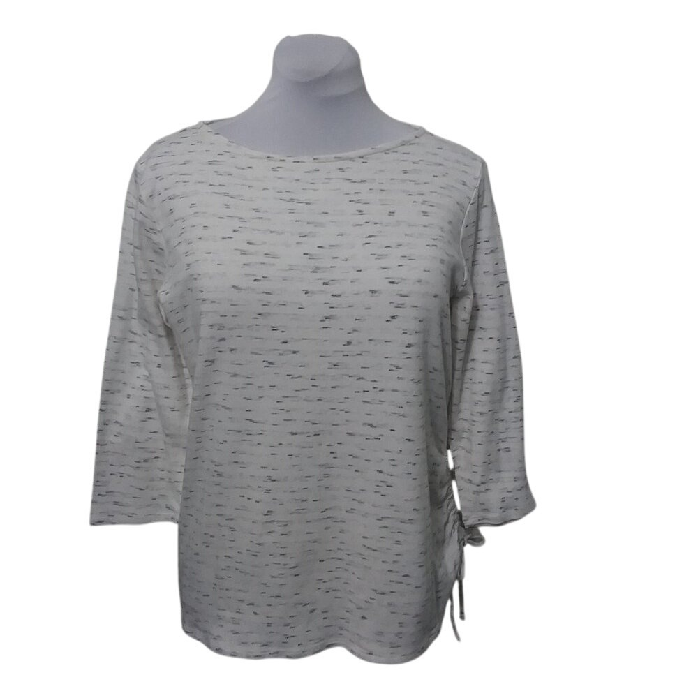 Womens Light Gray Space Dye Side Ruched 3/4 Sleeve Boat Neck Knit Top - Picture 12 of 12